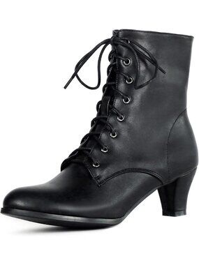 Vintage Victorian Ankle Boots for Medieval Ren Pirate Costume, Lace-Up Mid Heel